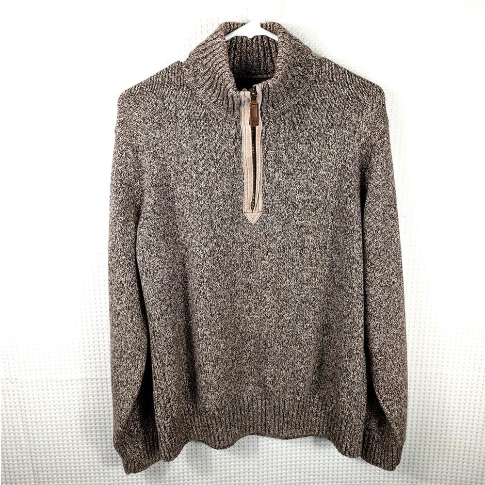 Tommy Hilfiger Sweater Large Brown Marled 1/4 Zip Made in Hong Kong Cotton Knit